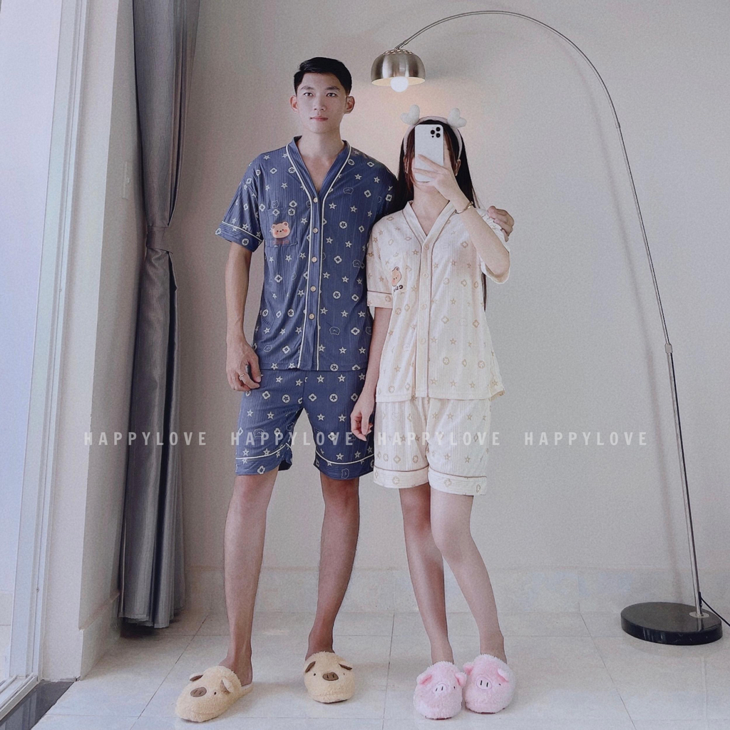 Đồ ngủ đôi pijama nam nữ bộ đồ cặp mặc nhà mùa hè ngắn tay HAPPYLOVE hoạ tiết xinh xắn M075