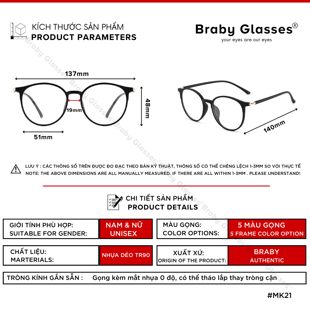 Gọng kính cận mắt tròn thời trang nam nữ Braby Glasses chất liệu nhựa dẻo TR90 đơn giản và trẻ trung sang trọng MK21