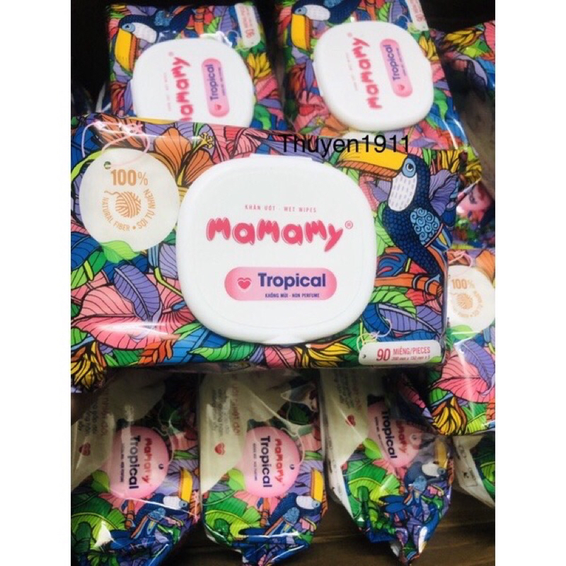 Combo 5 gói khăn ướt nhiệt đới Mamamy Tropical 90 tờ có nắp