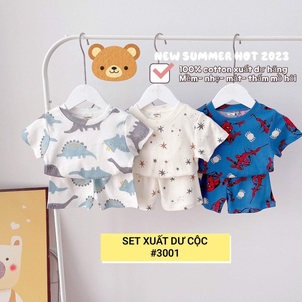 Set 3 bộ cộc tay bé trai, bộ mùa hè cotton xuất dư nhiều hoạ tiết Ammer
