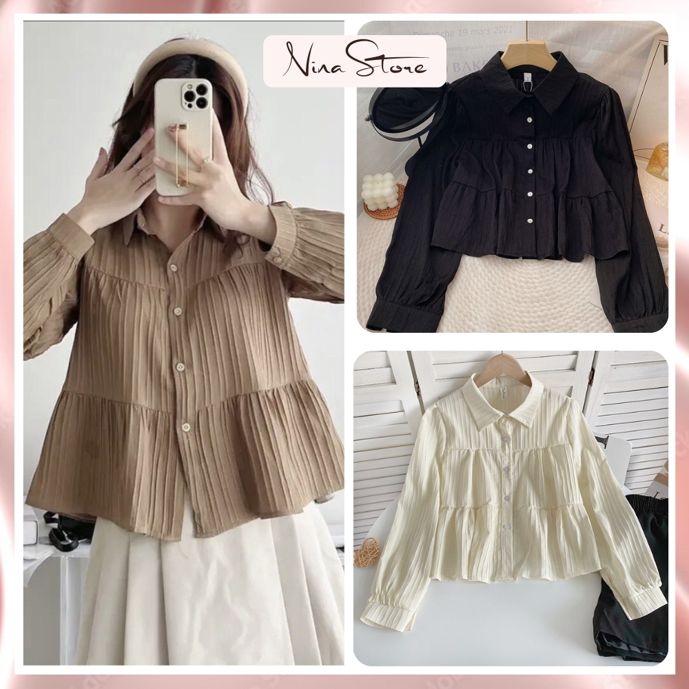 Áo sơ mi nữ chiffon 3 tầng xếp ly áo kiểu babydoll dài tay chất đũi gân phong cách style Hàn Quốc NinaStore