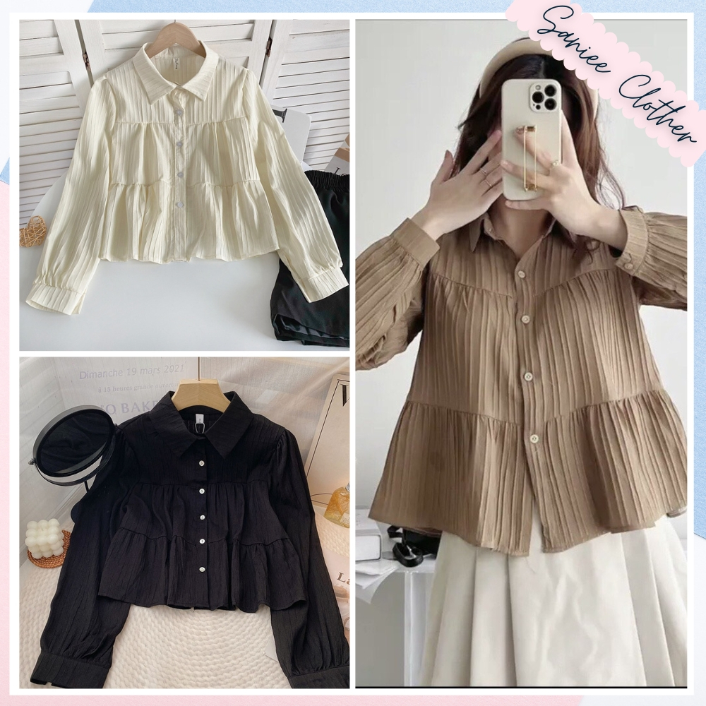 Áo sơ mi nữ áo babydoll dài tay chiffon áo kiểu 3 tầng xếp ly phong cách Hàn Quốc SanieeClothes