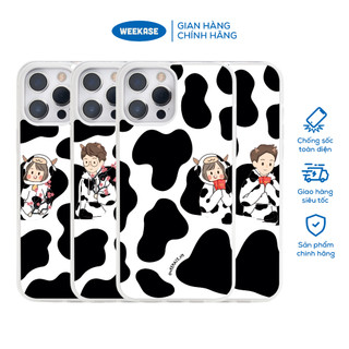 Ốp lưng iPhone viền trắng, đen chống sốc chống va đập Weekase in hình nam nữ trên nền họa tiết bò sữa - Màu in cực bền