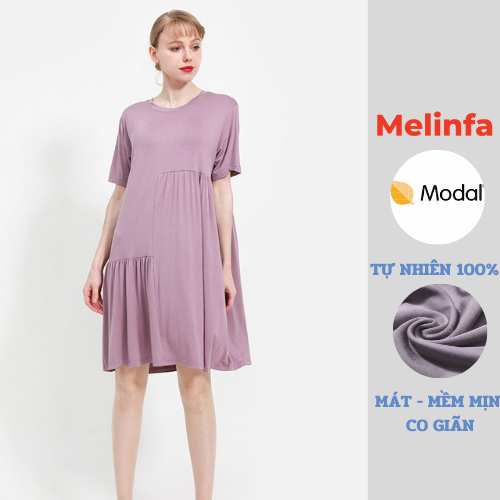 Váy đầm thun mặc ngủ ở nhà ngắn tay vải Modal (gỗ Sồi) mềm mại thoáng mát dáng suông mã VAV0398