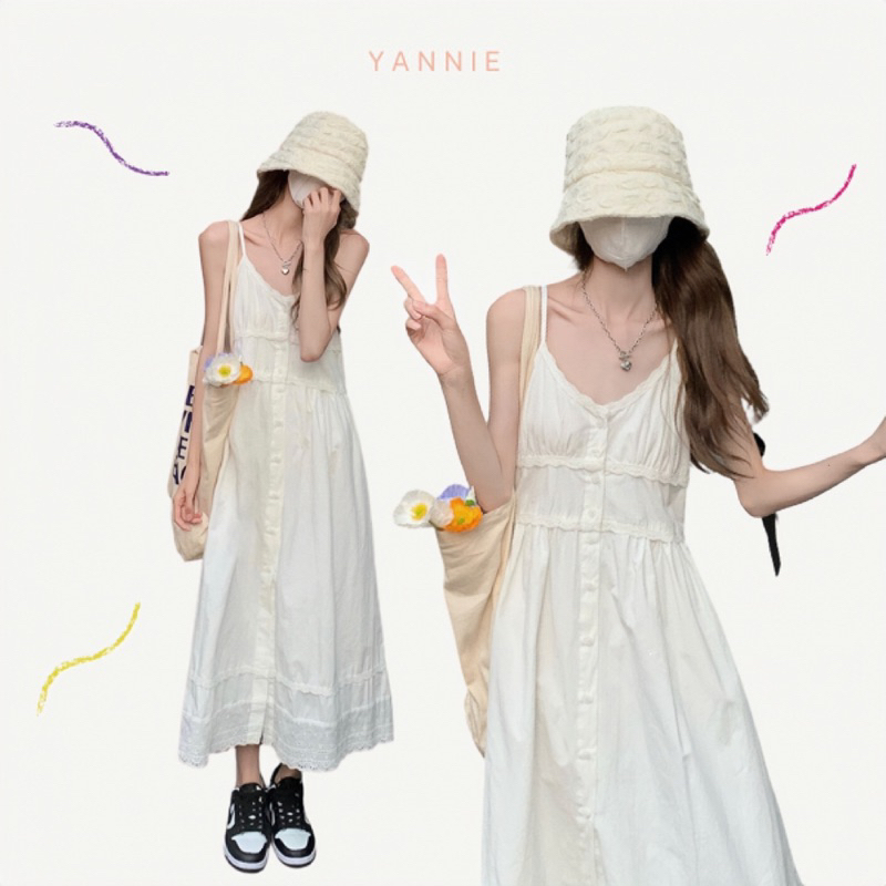 Váy đầm maxi hai dây trắng dáng dài đi biển mùa hè phối ren ulzzang Hàn Quốc Yannie