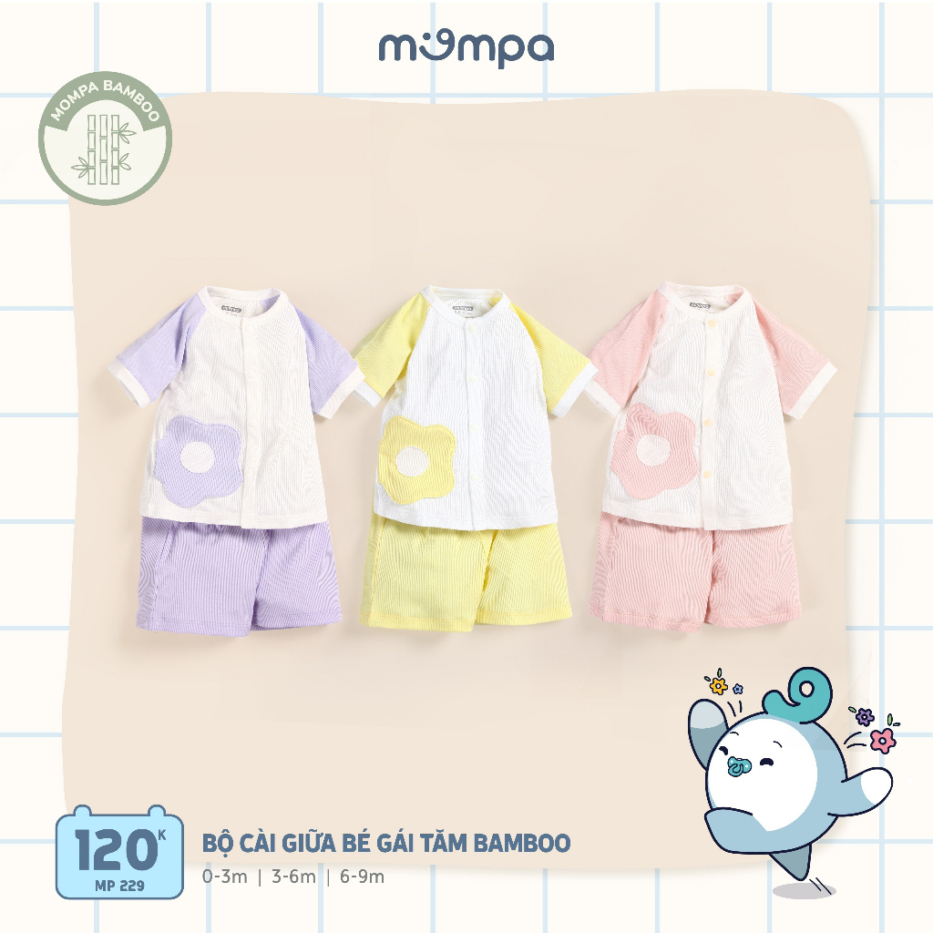 Bộ cài giữa bé gái Mompa vải Tăm Bamboo 3 màu size 0-9M MP 229