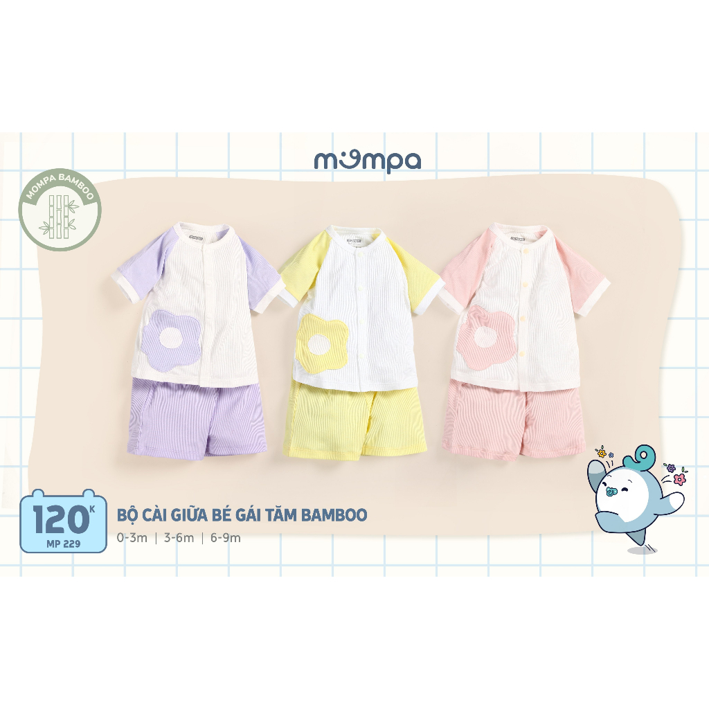 Bộ cài giữa bé gái Mompa vải Tăm Bamboo 3 màu size 0-9M MP 229