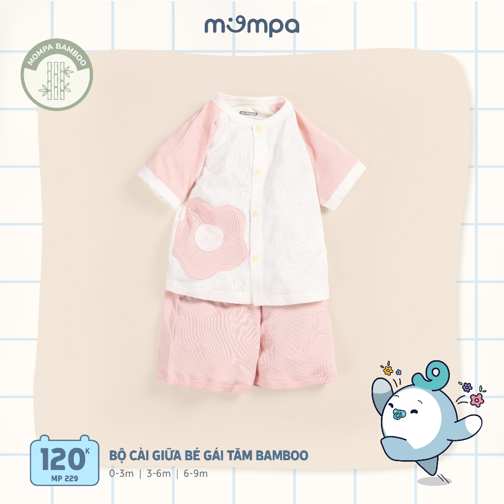 Bộ cài giữa bé gái Mompa vải Tăm Bamboo 3 màu size 0-9M MP 229