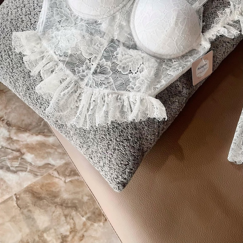 Set Đồ Nội Y Ren trắng - Bra Corset ren có mút, gọng nâng đẩy