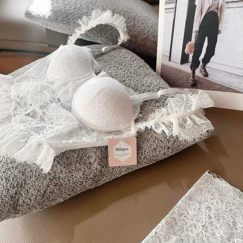 Set Đồ Nội Y Ren trắng - Bra Corset ren có mút, gọng nâng đẩy