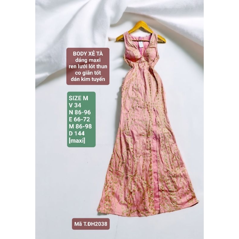 Đầm maxi dự tiệc, body đuôi cá, xẻ tà cao, ren lưới lót thun, dán kim tuyến, mới 95%, 2hand, SIZE M, 2038