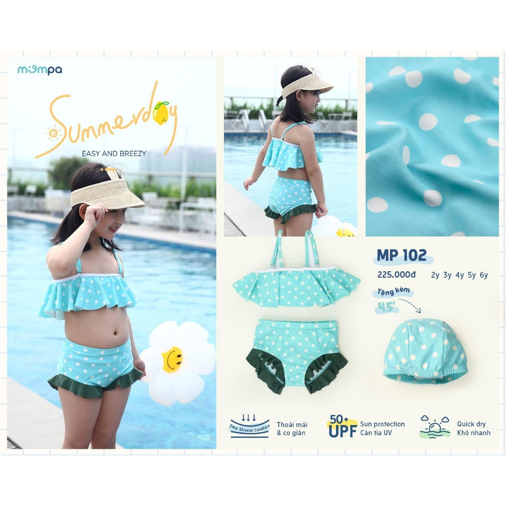 Bộ đồ bơi cho bé gái chống UV tặng kèm mũ bơi Mompa - đủ size cho bé từ 2 - 6 tuổi MP102