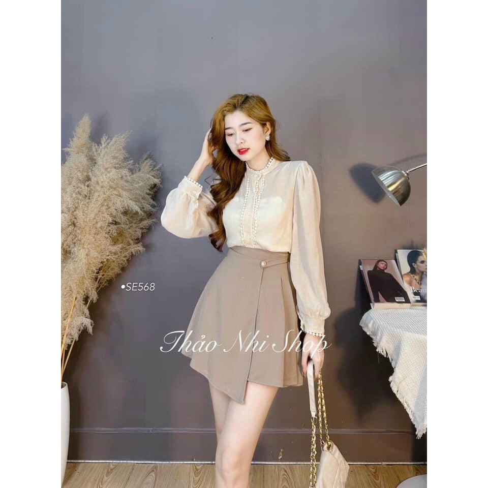 SE568 Sét áo smi cổ trụ viền ren + cv đắp xếp li