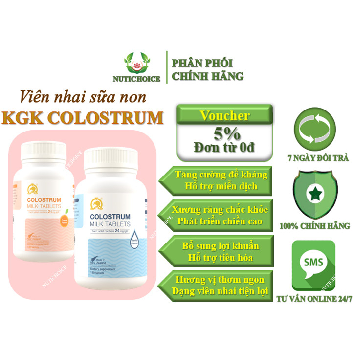 Sữa non dạng viên nhai KGK Colostrum Milk Tablets hỗ trợ tăng sức đề kháng, bổ sung dinh dưỡng - Chai 60 viên