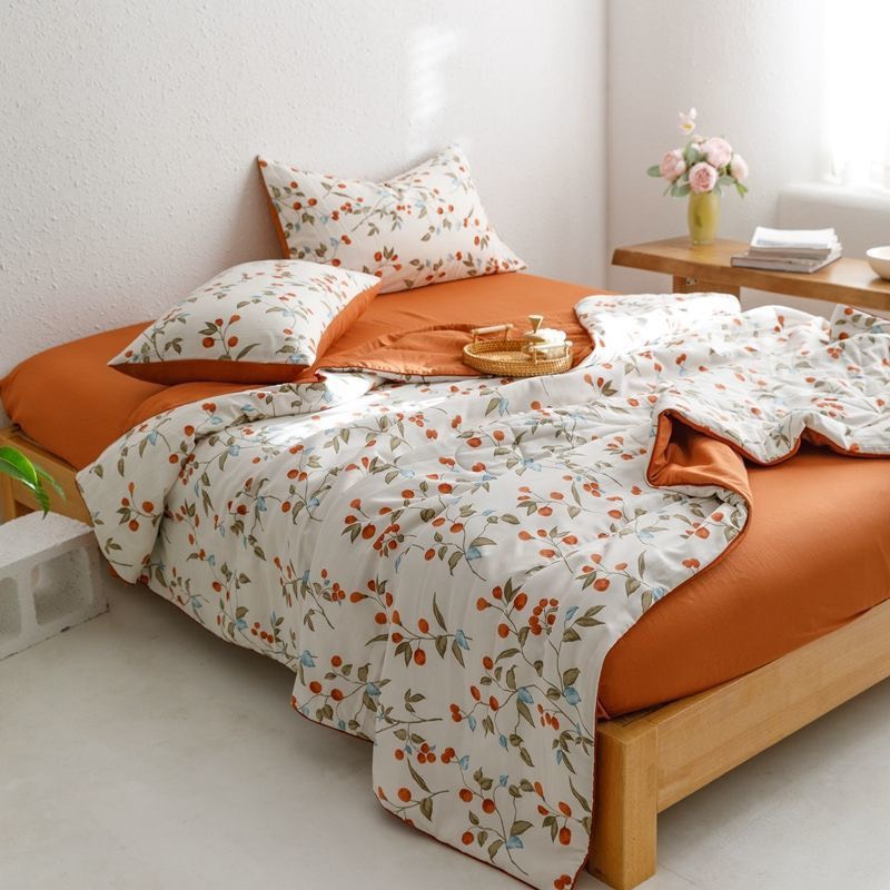 Bộ Chăn Ga Gối Trần Bông Cotton Đũi Lanh Phong Cách Vintage - Hoa Dây Cam CA Bedding Decor