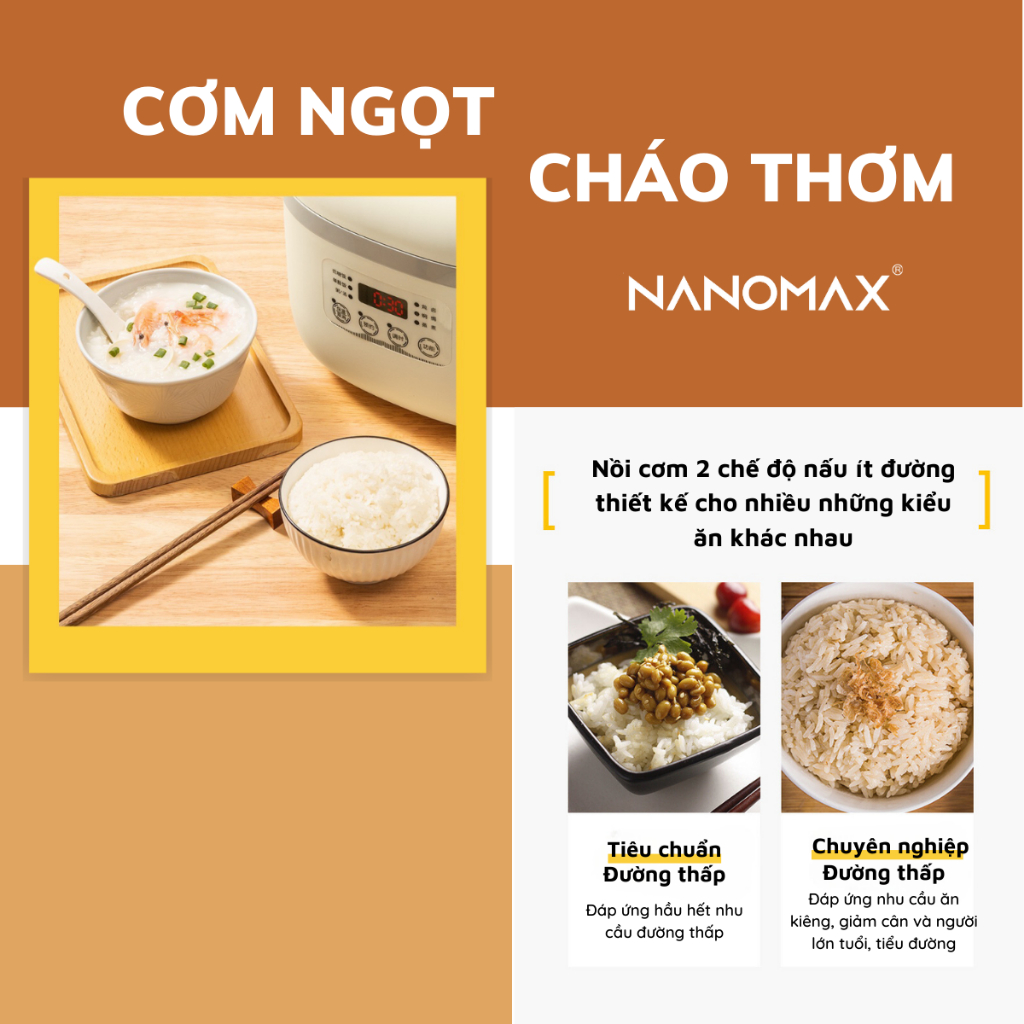 Nồi Cơm Điện Đa Năng,Tách Đường NANOMAX QS-A04H, Dung Tích 4L, 6 Chế Độ Nấu, Màn Hình Cảm Ứng, Nồi Thép Không Gỉ, BH 12