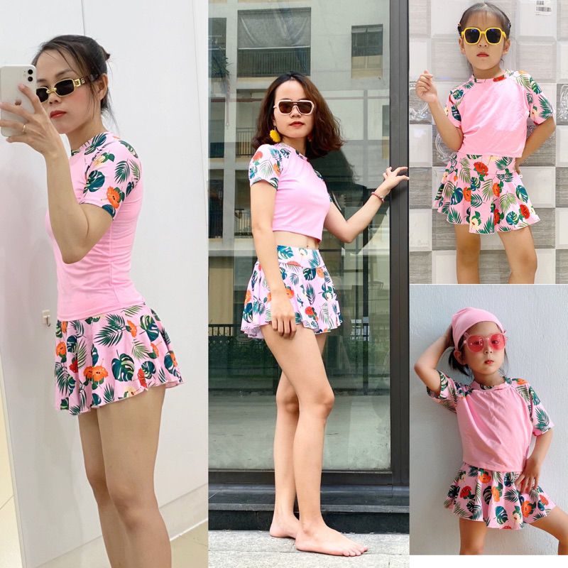 Đồ bơi bé, mẹ thanh lịch tươi trẻ với Áo + Nón + Chân váy