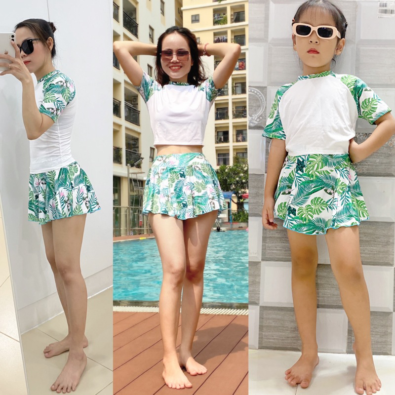 Đồ bơi bé, mẹ thanh lịch tươi trẻ với Áo + Nón + Chân váy