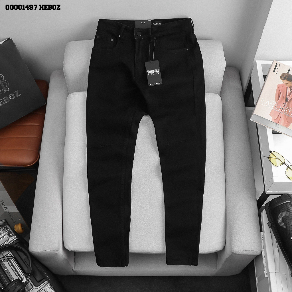 Quần jean đen rách gối slim Heboz 011, chất denim mềm co giãn tốt form slimfit - 00001497