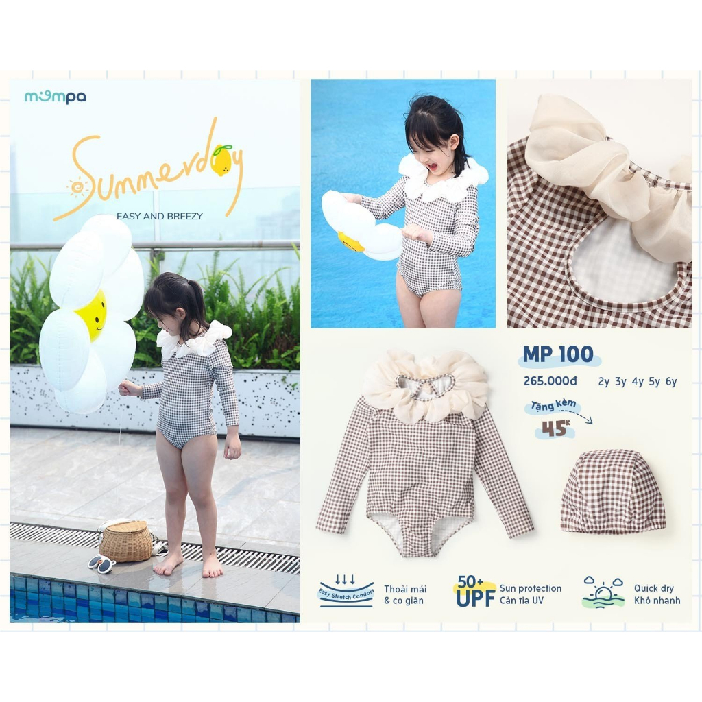 Bộ đồ bơi liền thân cho bé gái chống UV tặng kèm mũ bơi Mompa - đủ size cho bé từ 2 - 6 tuổi MP100