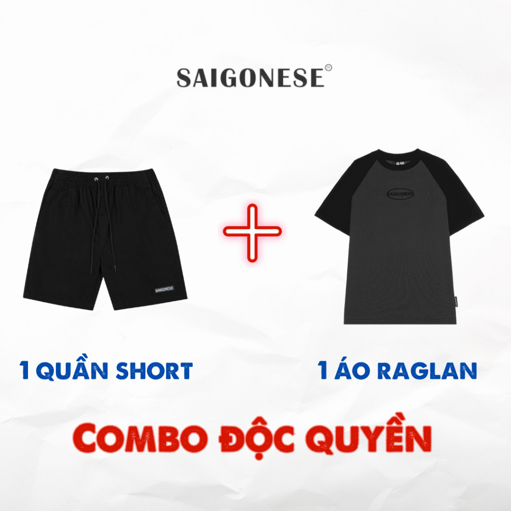 Combo 4 Áo Thun Raglan Cotton Xám Tay Đen + Quần Short Kaki Đen Unisex