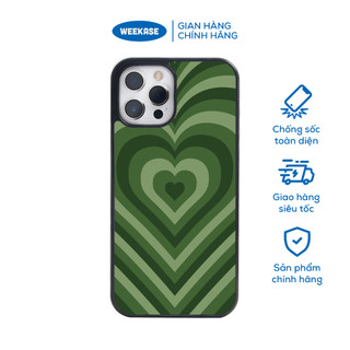 Ốp lưng iPhone viền trắng, đen chống sốc chống va đập Weekase in hình nhiều trái tim màu xanh lá đậm - Màu in cực bền