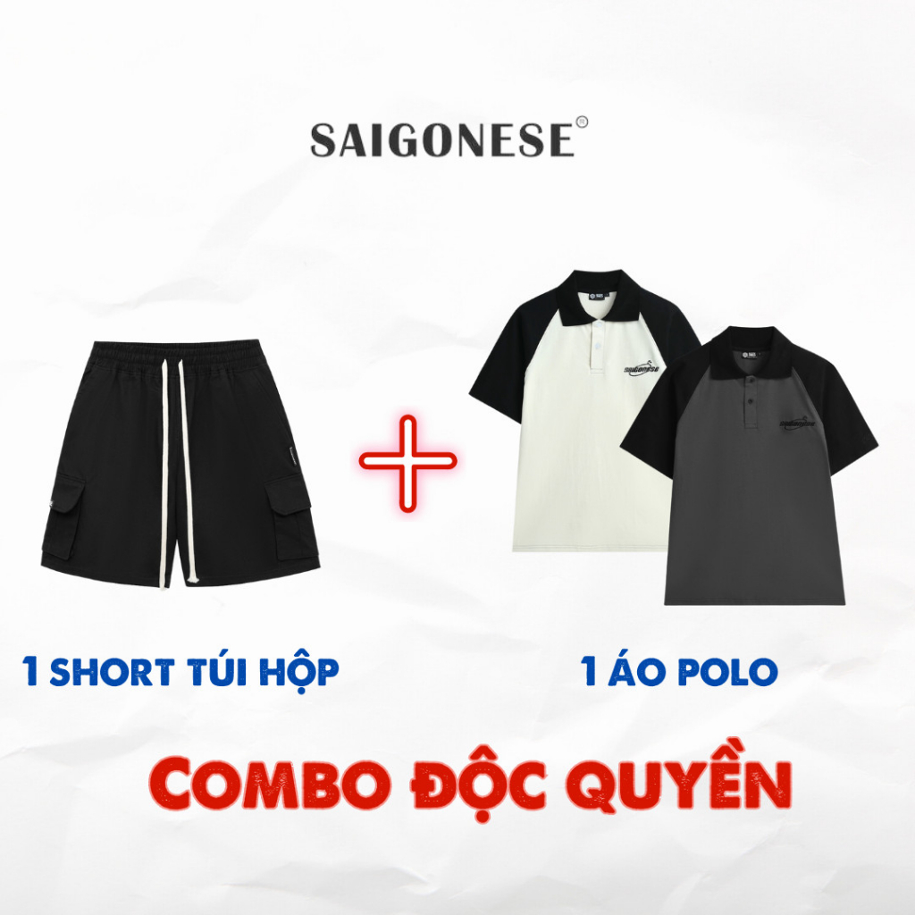 Combo 6 Áo Polo Phối Tay Raglan Xám Tay Đen + Short Cargo Đen