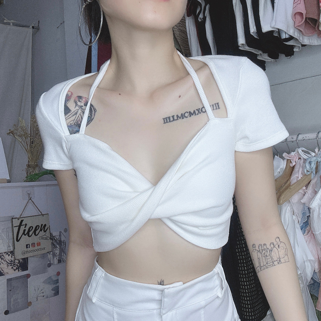 Áo croptop tay ngắn đơn giản kiểu xoắn ngực dây buộc cổ tieencorner 335