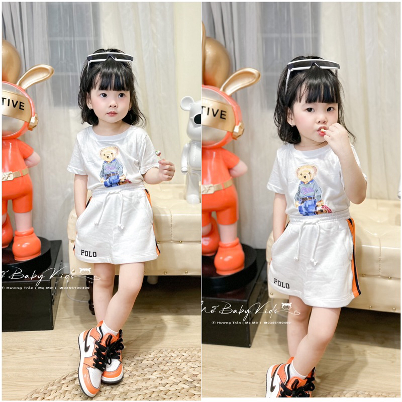 Set áo cộc tay in hình gấu và quần váy cho bé gái hàng VNXk