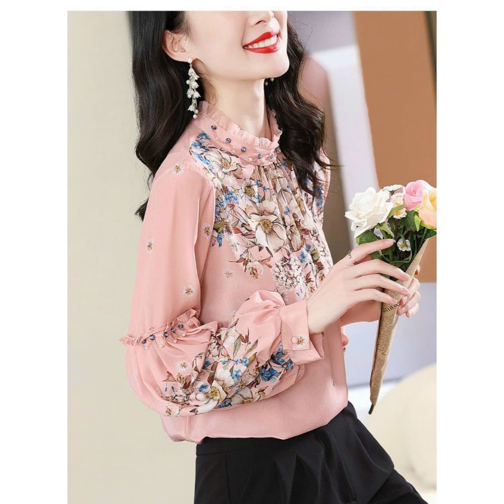ÁO KIỂU IN HOA CỔ TRỤ BÈO ĐÍNH HẠT