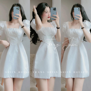 Trắng Xếp Ly Cổ Vuông Tay Phồng Tạo Eo Tôn Dáng Chất