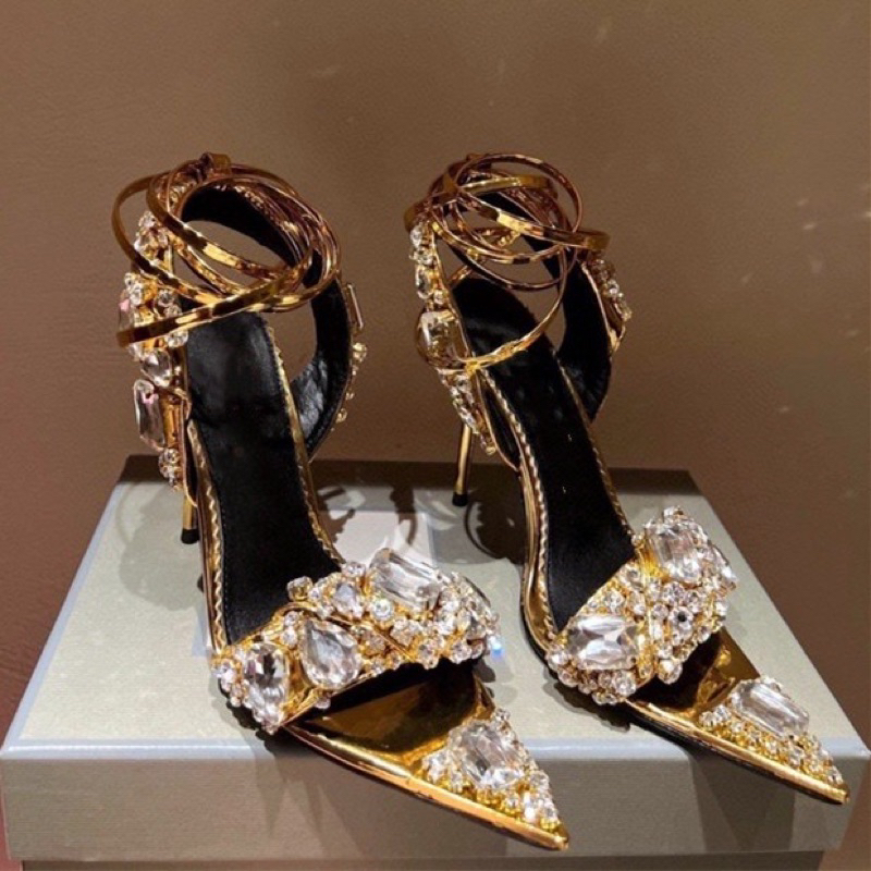 Giày cao gót đính đá cuốn dây gold dự tiệc 12p- ORD