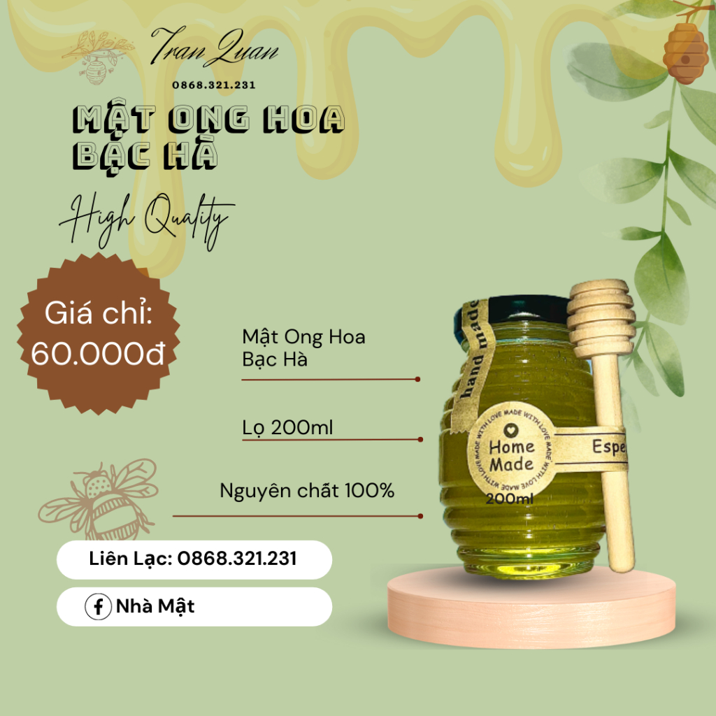 Mật Ong Hoa Bạc Hà cao cấp, chuyên dùng đắp mặt nạ và chế biến món ăn