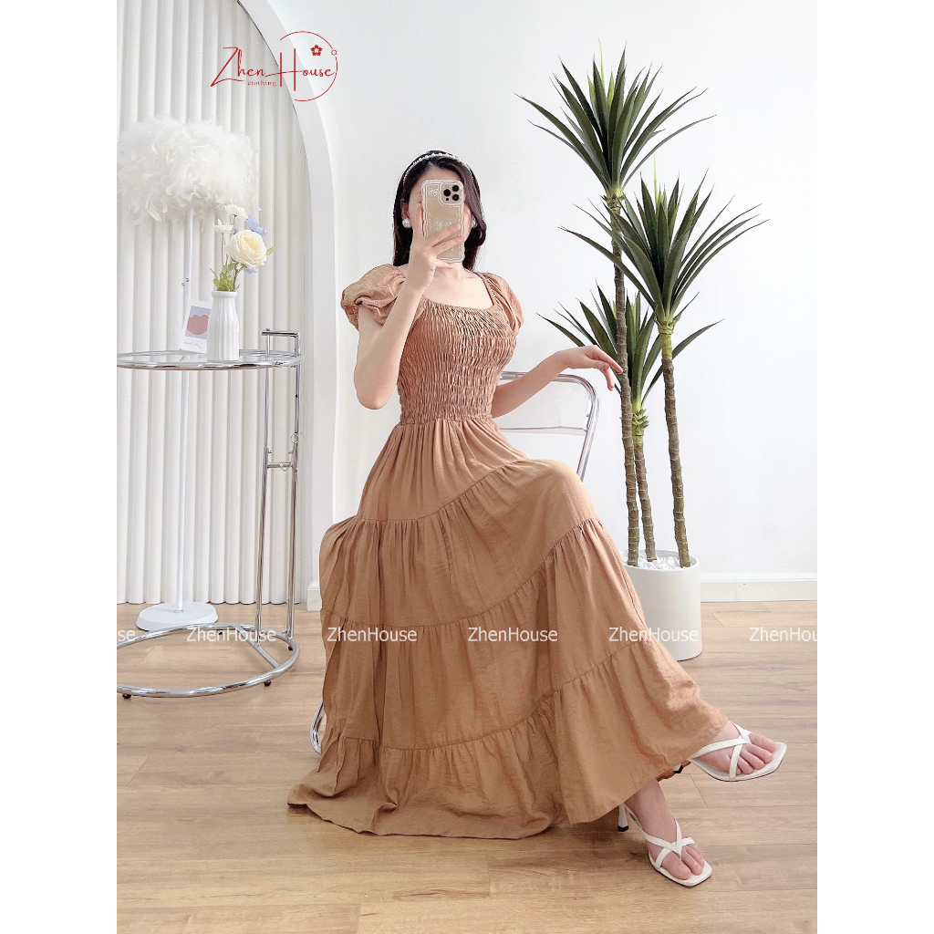 Váy Đi Biển Đầm Maxi Đi Du Lịch Cổ Vuông Tay Bồng Nhún Ngực Màu Nâu Freesize VH09 ZhenHouse