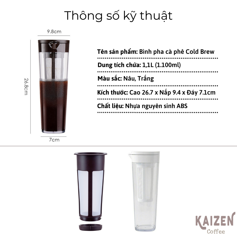 [hàng sẵn] Combo 2 Bình pha cafe COLD BREW (Nâu + Trắng) nhựa nguyên sinh ABS 1.1L - Kaizen Coffee