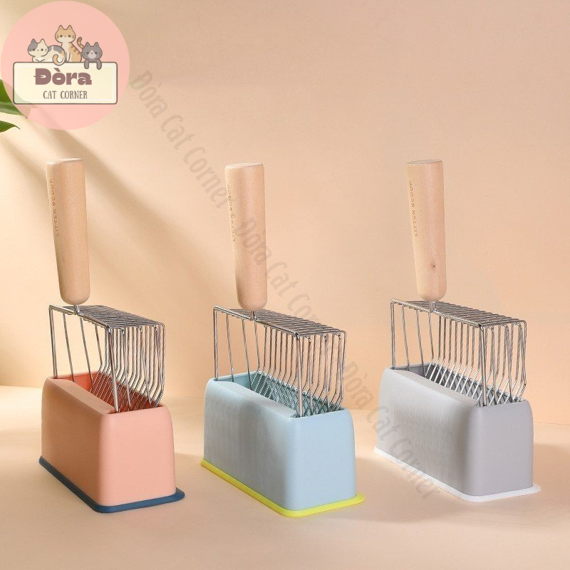 Combo Xẻng Xúc Cát Vệ Sinh Mèo Kim Loại + Hộp Đựng Xẻng - Tay Cầm Gỗ Siêu Sang Và Cứng
