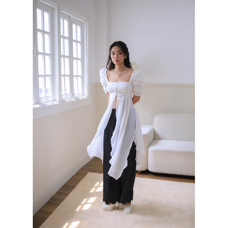 CIGNO-Áo Tà dà cách điệu, tay phồng ngắn sang chảnh LOLIE SHIRT