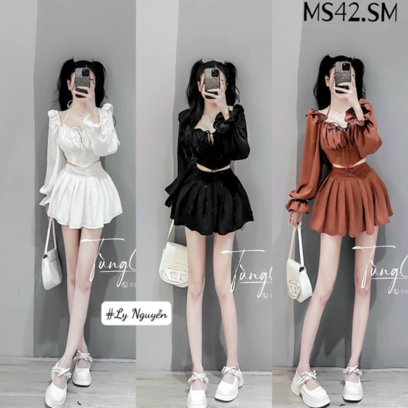 Set Áo Tay Dài Phồng Lai Bèo Vạt Nhọn Phối Chân Váy Form Xoè Có Khoá Kéo Hàng Chuẩn Form