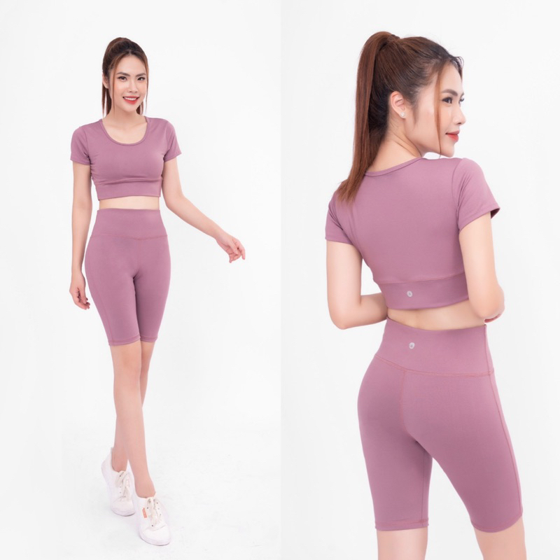 Bộ đồ thể thao nữ tập gym yoga quần ngố áo croptop tay ngắn trơn