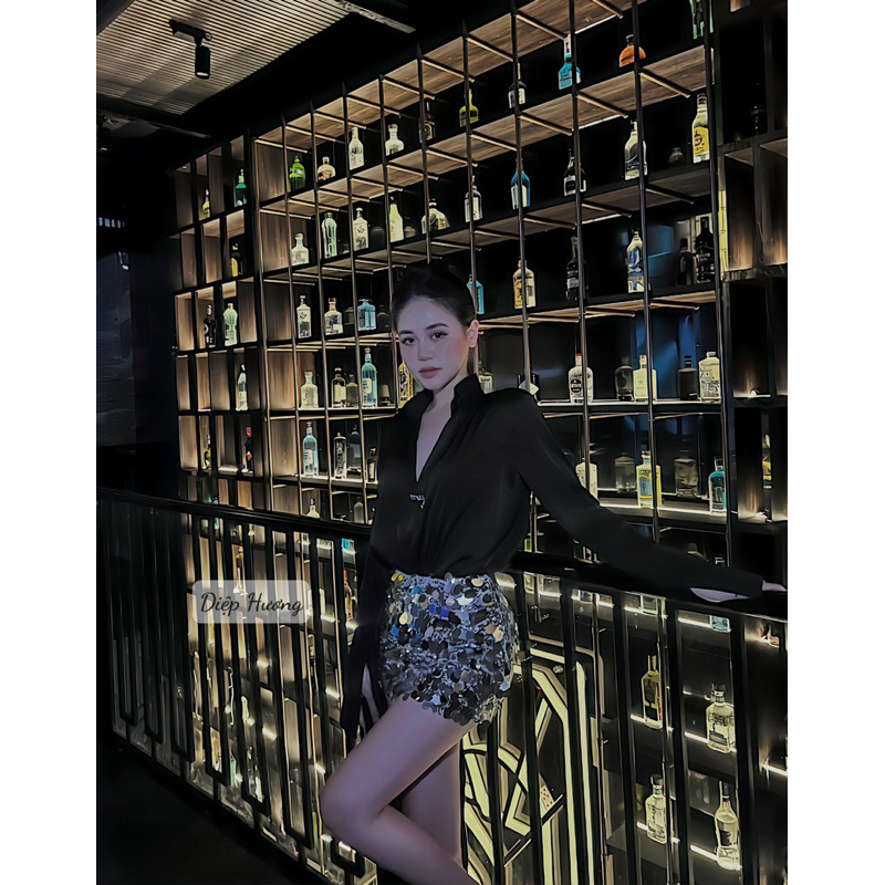 Set váy áo sơ mi phối chân váy body kim sa bling đi tiệc đi chơi
