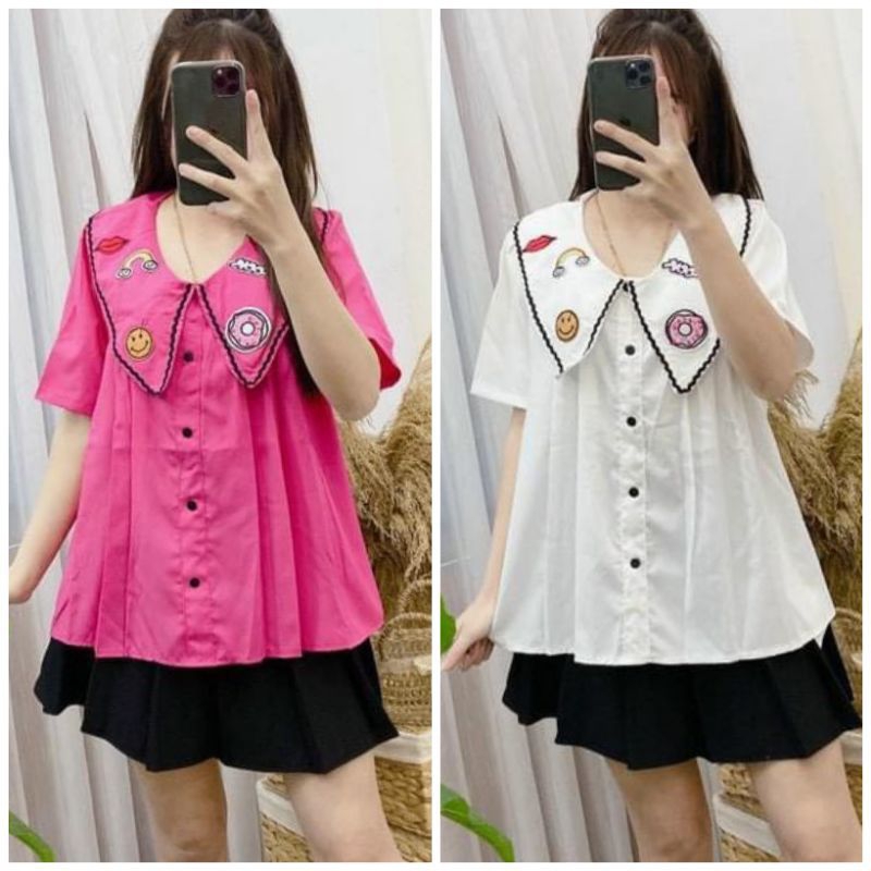 Áo babydoll cổ bèo dáng rộng 2 màu hồng trắng siêu dễ thương