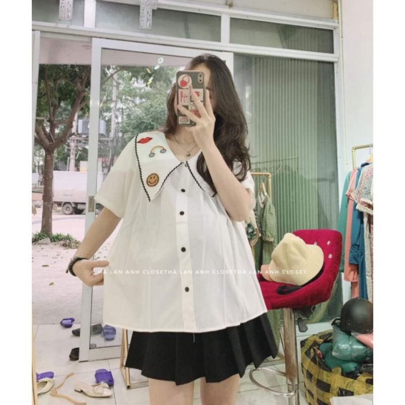 Áo babydoll cổ bèo dáng rộng 2 màu hồng trắng siêu dễ thương