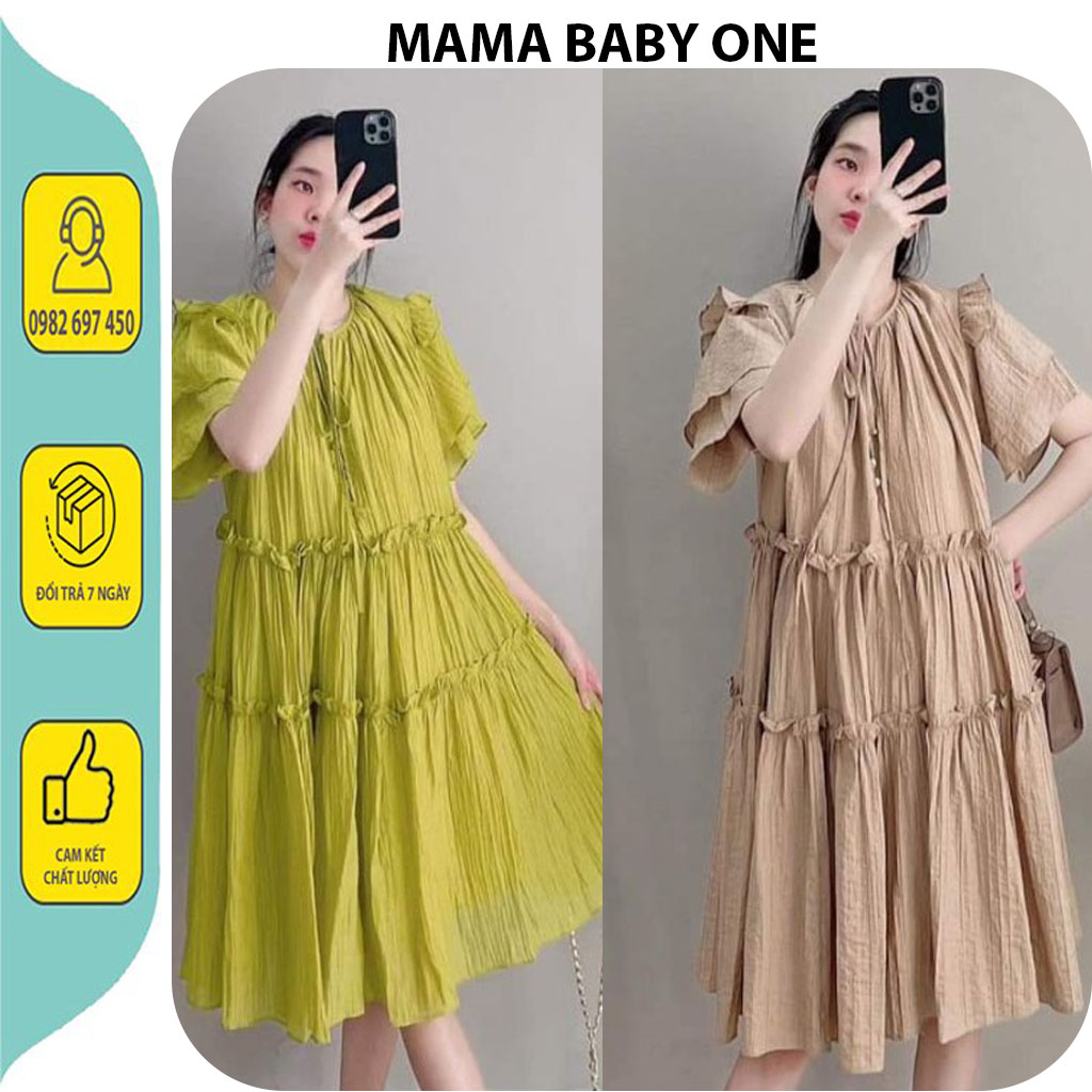 VÁY BẦU CÔNG SỞ THỜI TRANG-ĐẦM BẦU THIẾT KẾ BABAYDOLL XINH XẮN VÁY TƠ NHĂN TAY CÁNH TIÊN BÈO TẦNG KHUY NGỌC ĐẸP