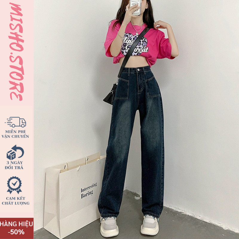 Quần jean nữ ống suông rộng cạp cao MISHO,quần bò jeans nữ đen ống rộng phong cách Retro Ulzzang 2023