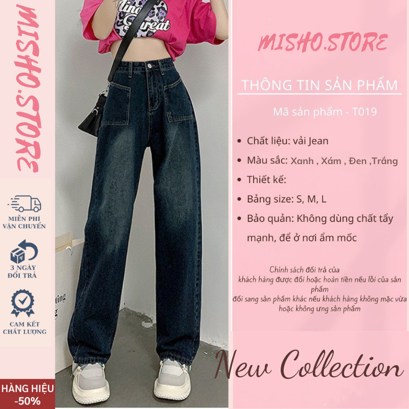 Quần jean nữ ống suông rộng cạp cao MISHO,quần bò jeans nữ đen ống rộng phong cách Retro Ulzzang 2023