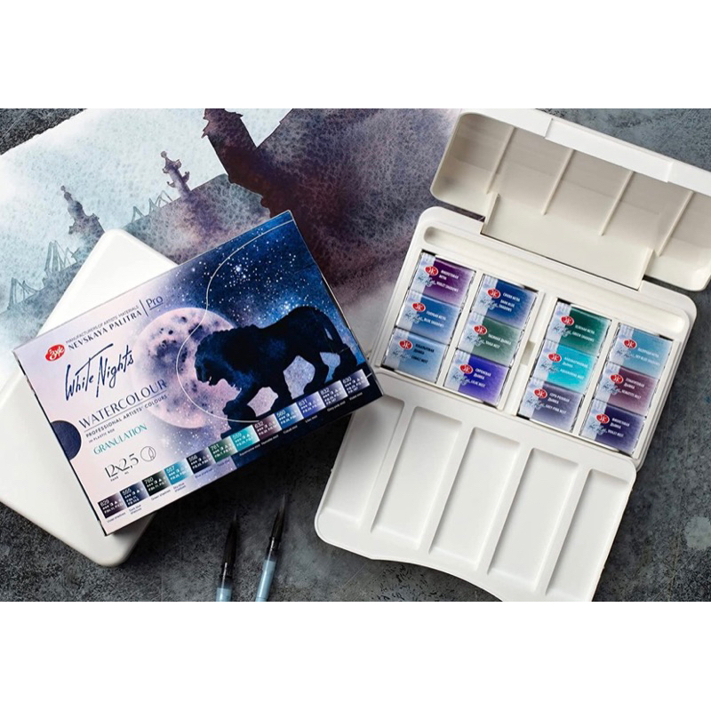 Màu nước nén White Nights JSC Nga 12 limited, 24 màu, 36 màu dạng pan nén hộp nhựa màu hộp thiếc