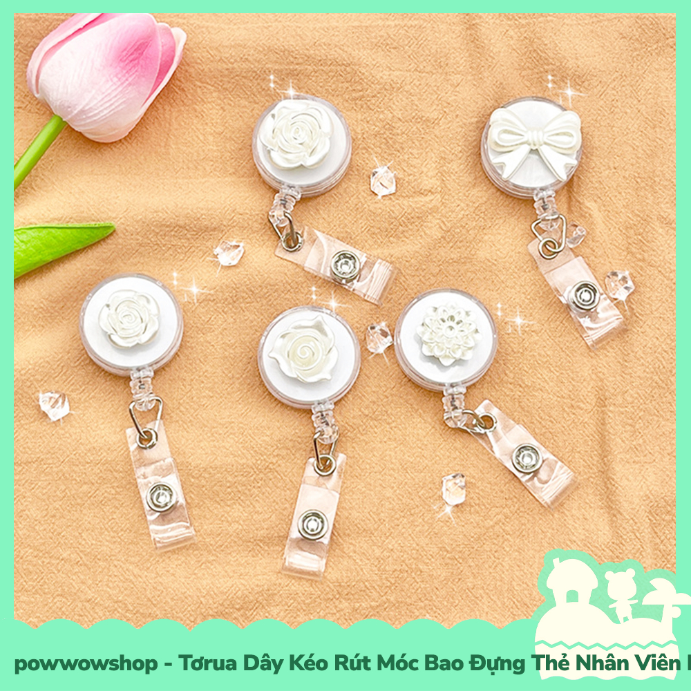 [Sẵn VN - Hỏa Tốc] Tơrua Dây Kéo Rút 60cm Móc Bao Đựng Thẻ Nhân Viên Phong Cách Hoa Flower &amp; Ribbon White