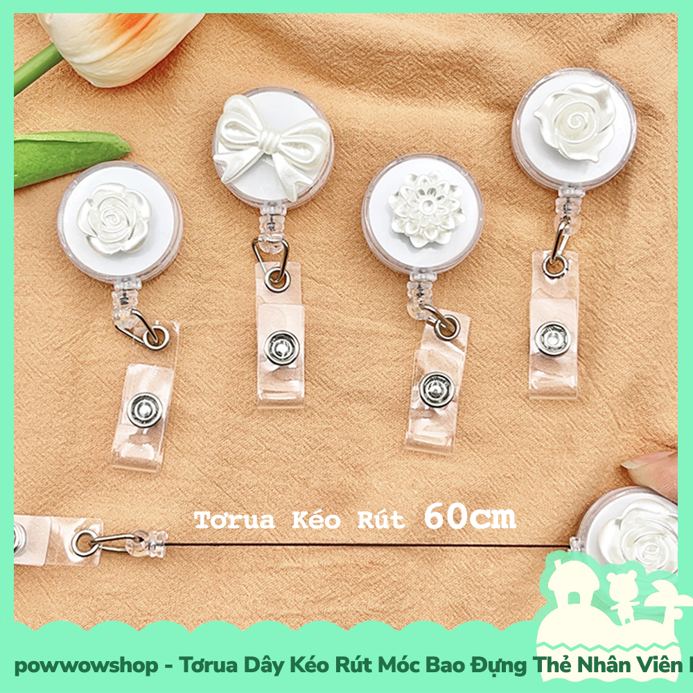[Sẵn VN - Hỏa Tốc] Tơrua Dây Kéo Rút 60cm Móc Bao Đựng Thẻ Nhân Viên Phong Cách Hoa Flower &amp; Ribbon White