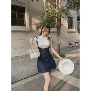 Set bộ nữ áo yếm dáng xòe mix áo thun borip trắng tay ngắn