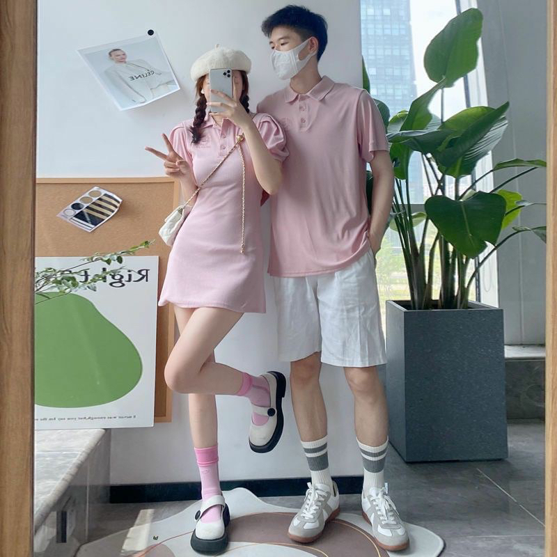 Sét Đồ Đôi Váy Polo Tay Bồng Nữ, Áo Polo Nam Thun Gân (H49)